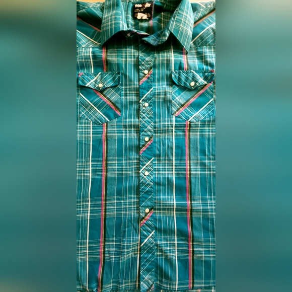 Vintage Wrangler light weight summer pearl snap shirt teal purple stripe xxl? - Picture 4 of 7